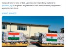 भारत ने अफगानिस्तान को 13 टन बीसीजी के टीके और संबंधित सामग्री भेजी